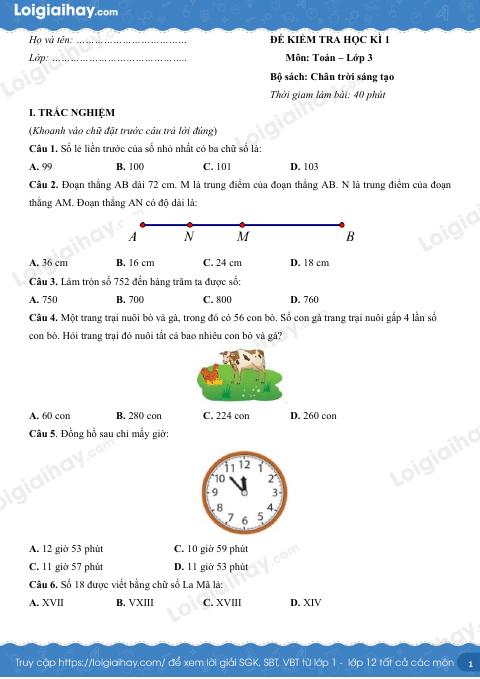 Đề kiểm tra học kì 1 Toán 3 Chân trời sáng tạo - Đề số 6
